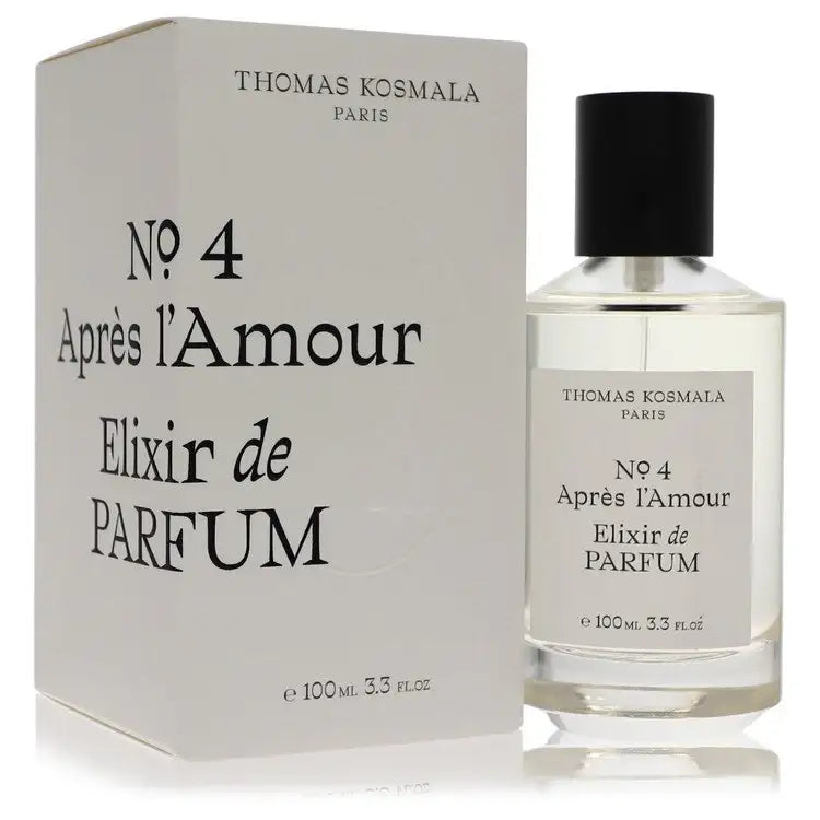Unisex perfume elixir bottle with clear glass, black cap, next to white No 4 box