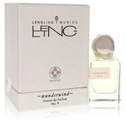 Unisex perfume gift set: off-white box with logo and small clear bottle, front view