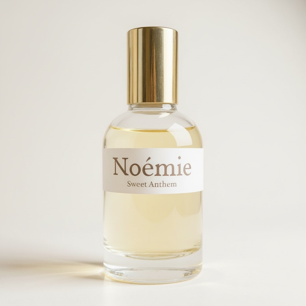 Noémie perfume bottle, gold cap and cream-toned liquid, label 'Sweet Anthem'.