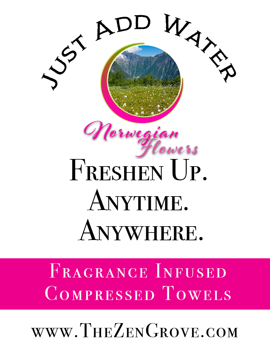 Fragrance infused compressed towel package, Norwegian Flowers logo