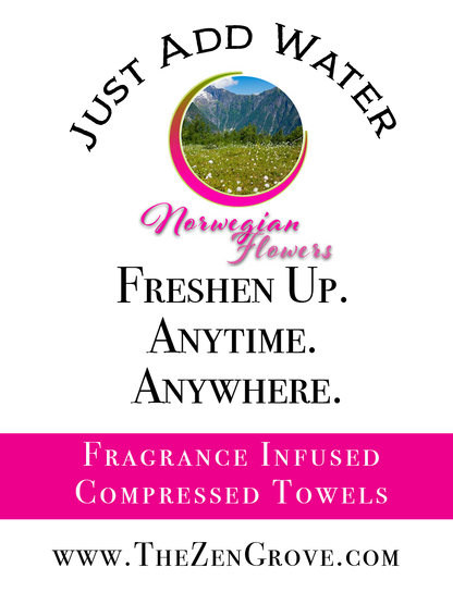 Fragrance infused compressed towel package, Norwegian Flowers logo