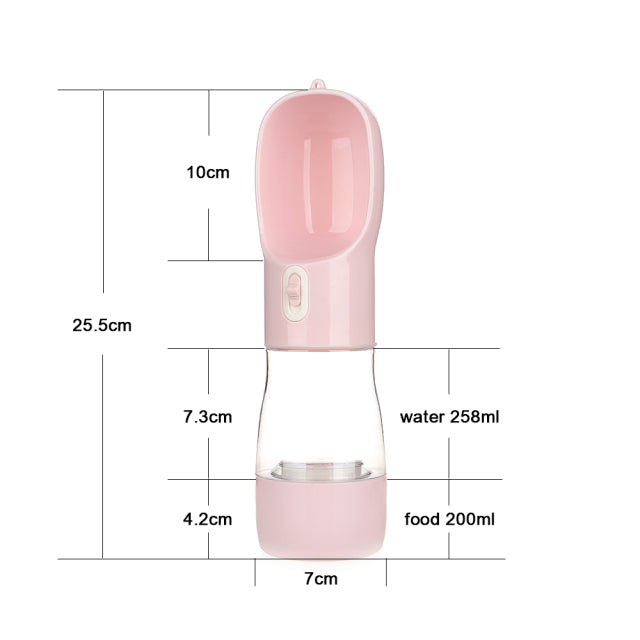 Pink pet water bottle feeder with dual capacities: water 258ml and food 200ml