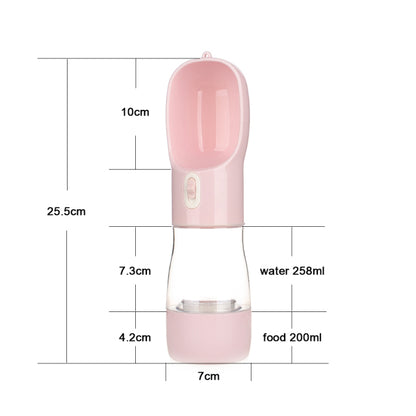 Pink pet water bottle feeder with dual capacities: water 258ml and food 200ml
