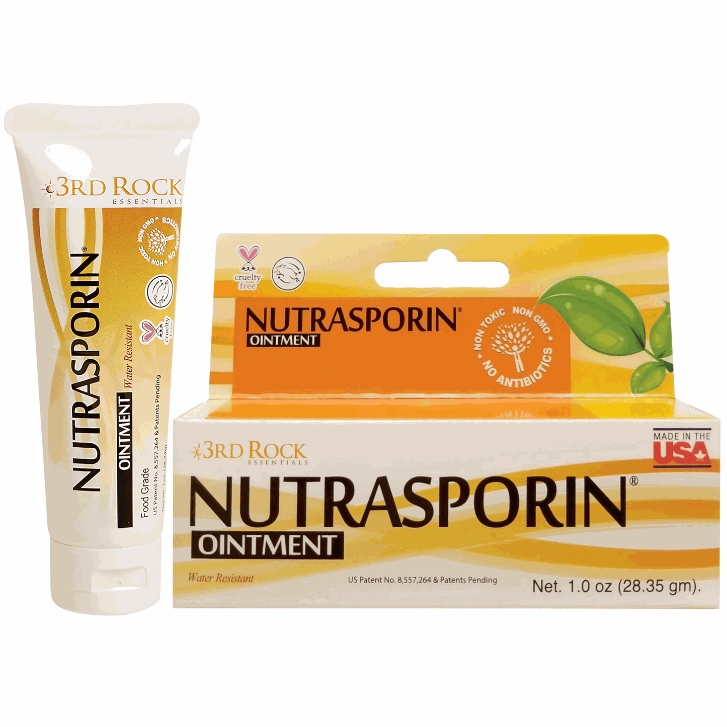 First aid ointment tube and carton, Nutrasporin brand, orange label with leaf graphic