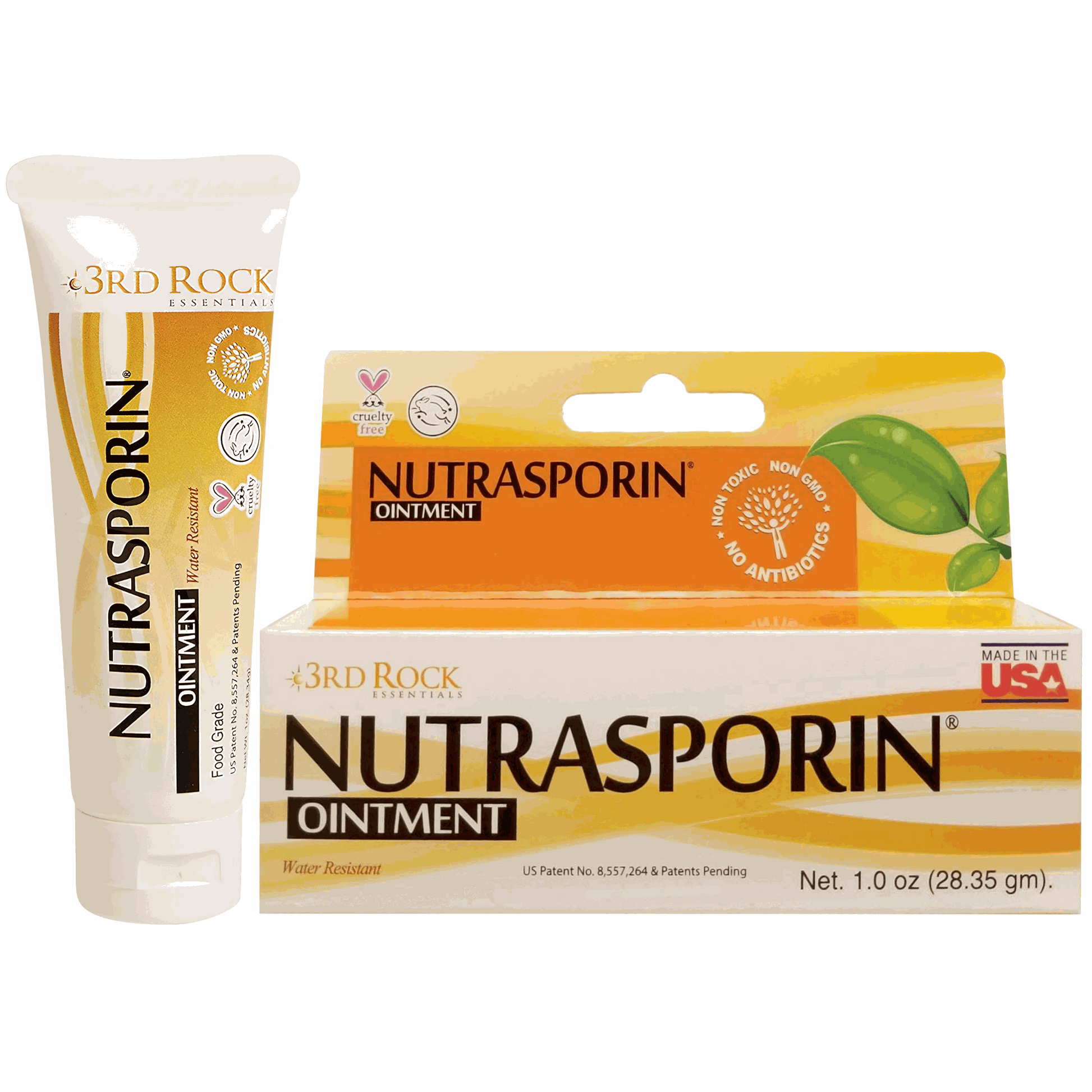 First aid ointment tube and carton, Nutrasporin brand, orange label with leaf graphic