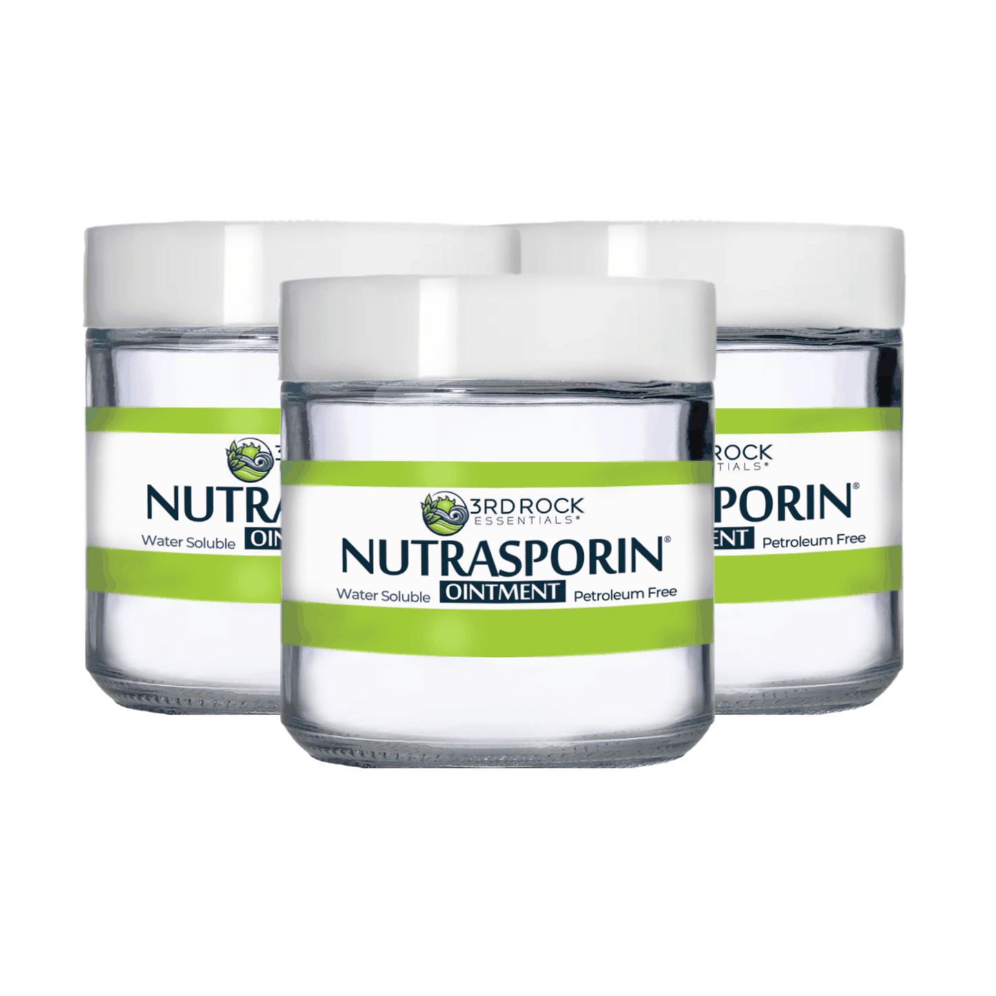 Three Nutrasporin ointment jars with white lids and green label bands