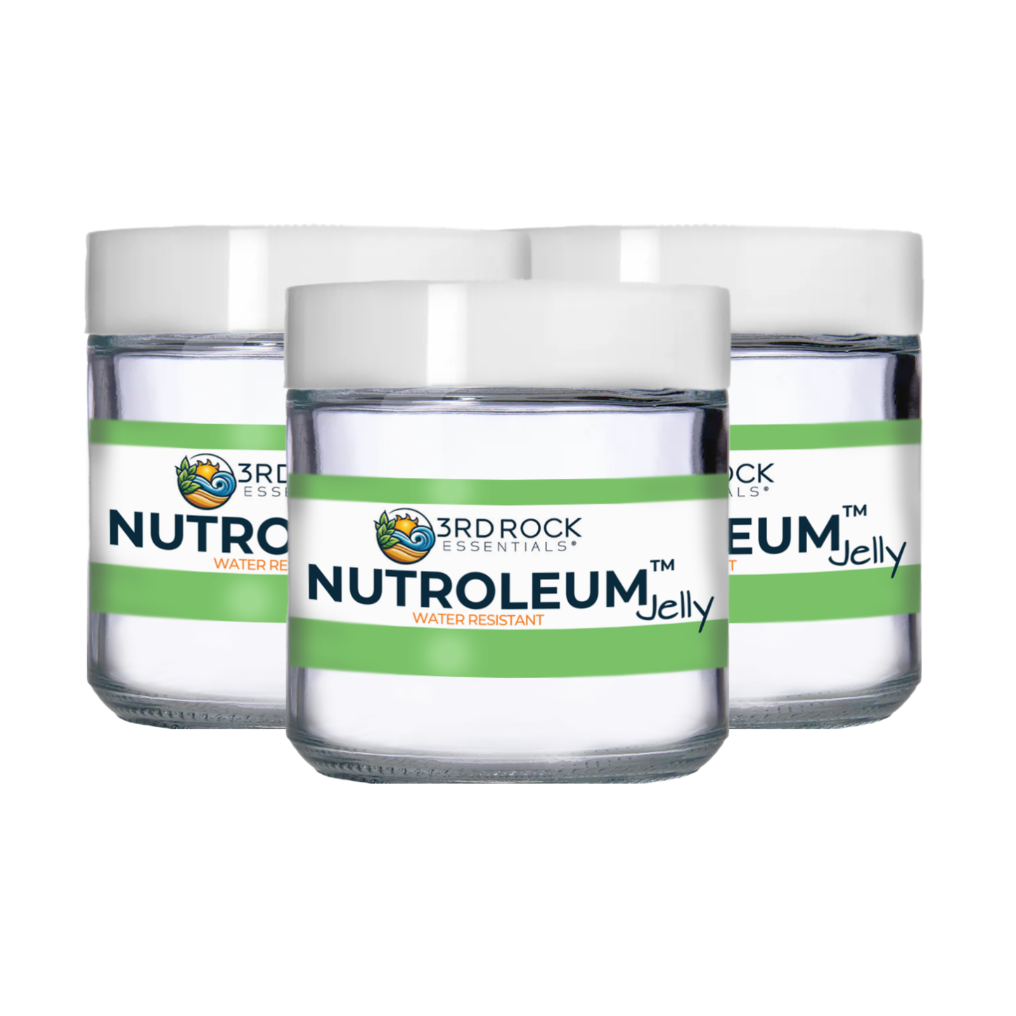 Skin balm jars with white lids and green label bands, front view