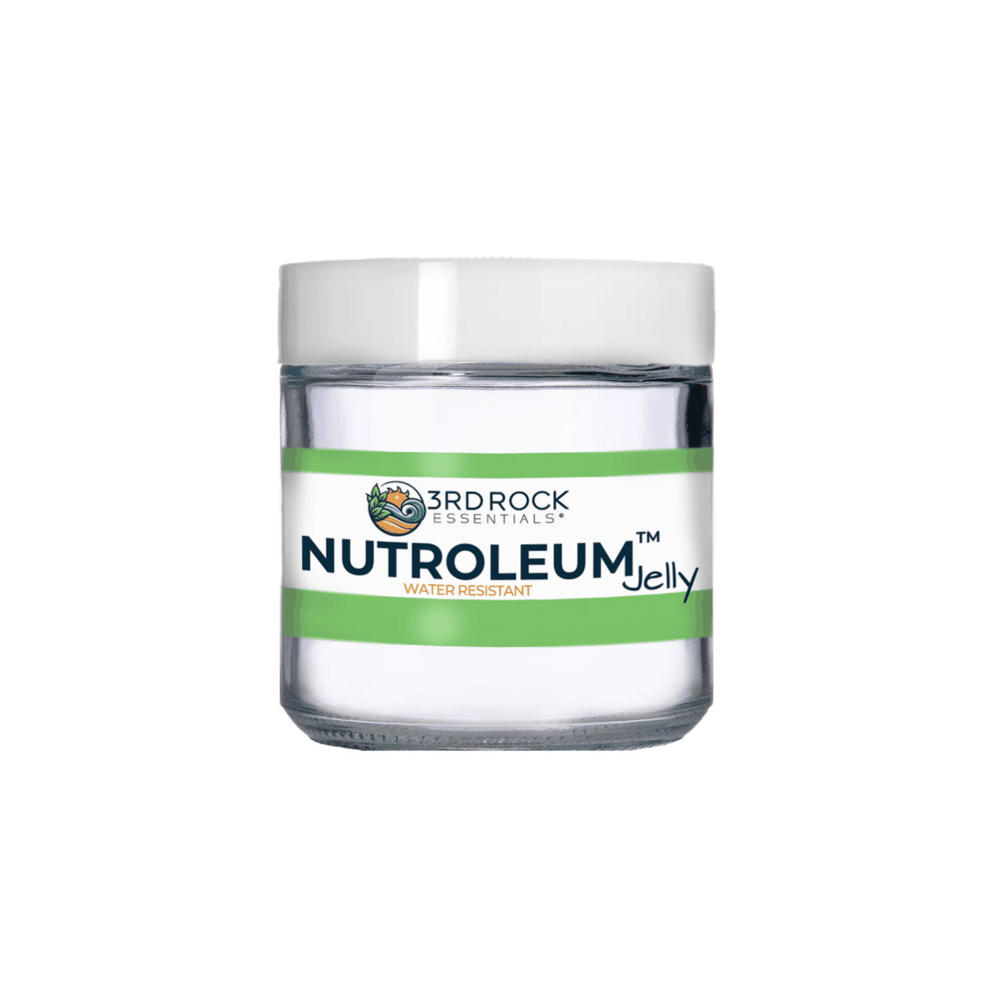 Skin balm jar with white lid and green band label, clear glass jar
