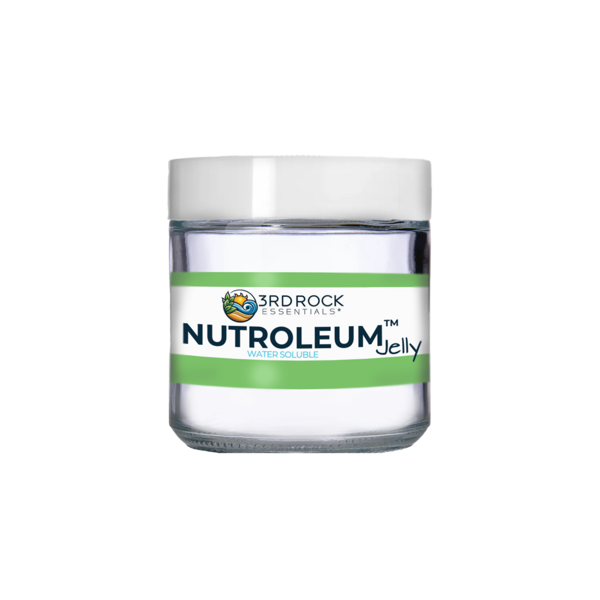 Water-soluble jelly alternative jar with green band label and white lid