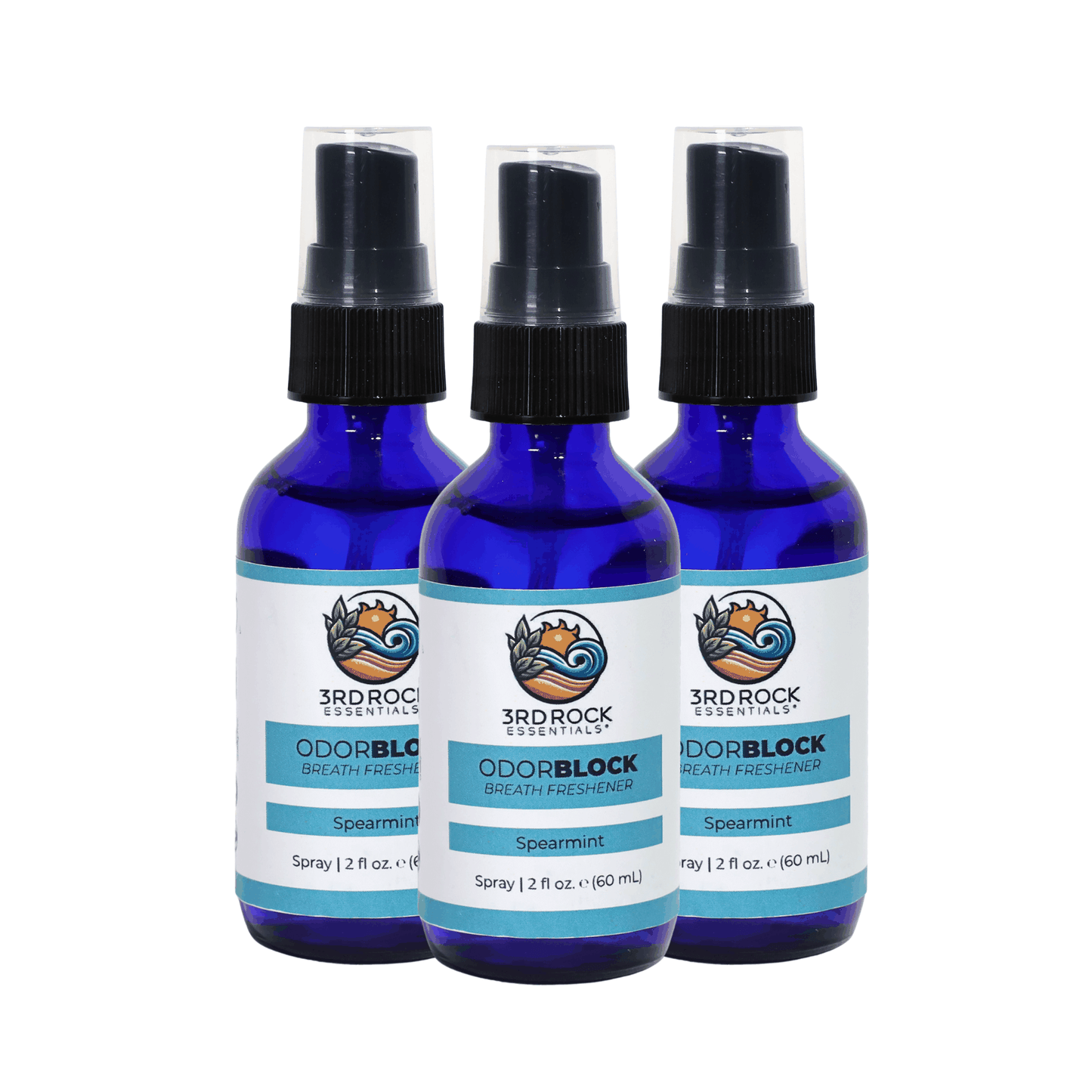 Three-pack breath freshener spray bottles, blue liquid, black mist nozzles