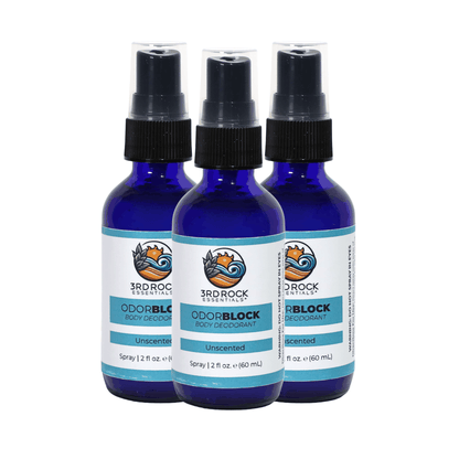 Unscented body deodorant spray bottles three-pack, blue bottles with black mist caps.