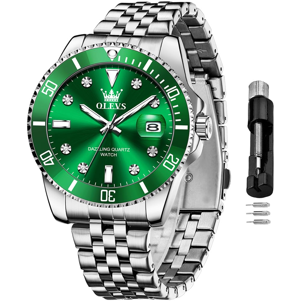 OLEVS Green Men Watch Silver Luxury Watches for Men Stainless Steel Large Dial Watches Date Waterproof Dress Casual Relojes para Hombres - Renee Lane Company