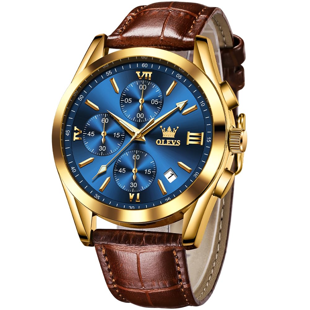 OLEVS Watch for Men Number Large Dial Brown Leather Strap Watch Multifunctional Chronograph Wrist Watch Date Luminous Waterproof Mens Watch Blue - Renee Lane Company