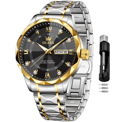 OLEVS Watches for Men Business Dress Two-Tone Black Men Watch Diamond Stainless Steel Big Dial Waterproof Analog Date Wristwatch - Renee Lane Company