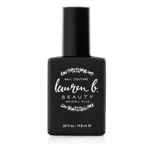 Gel top coat nail polish bottle, black label with nail couture lauren b beauty branding