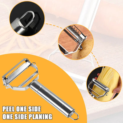 Stainless steel peeler with serrated roller blade and safety guard for peeling
