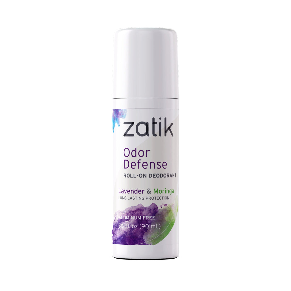 Roll-on deodorant bottle with Odor Defense label, lavender and moringa, white and purple