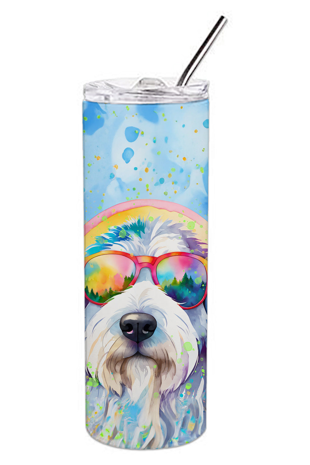 Old English Sheepdog Hippie Dawg Stainless Steel Skinny Tumbler Vacuum Double Walled Reusable Insulated Tumbler Travel Cup for Coffee Cocktails Gift with Lid, 20 oz - Renee Lane Company