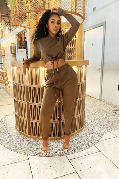 Olive/Brown Cropped Hoodie Jogger Lounge Set - Renee Lane Company