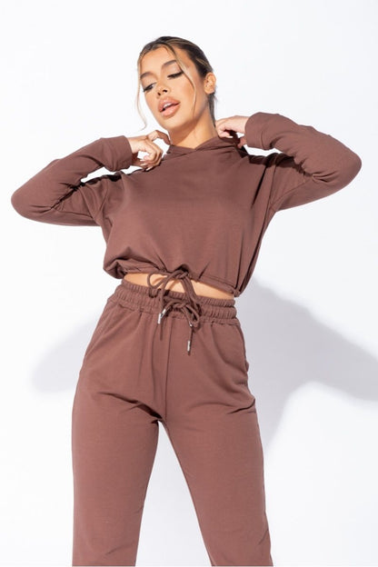 Olive/Brown Cropped Hoodie Jogger Lounge Set - Renee Lane Company
