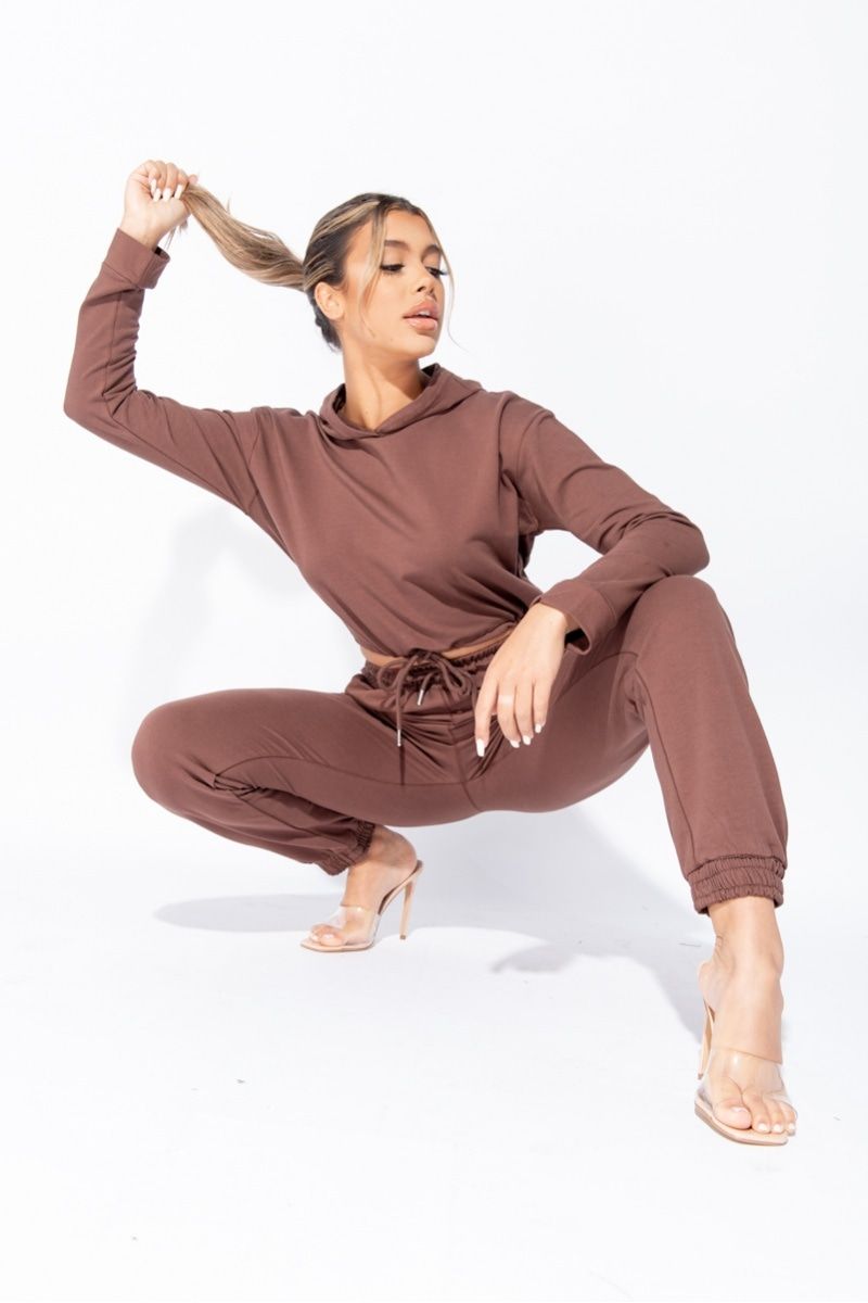 Olive/Brown Cropped Hoodie Jogger Lounge Set - Renee Lane Company
