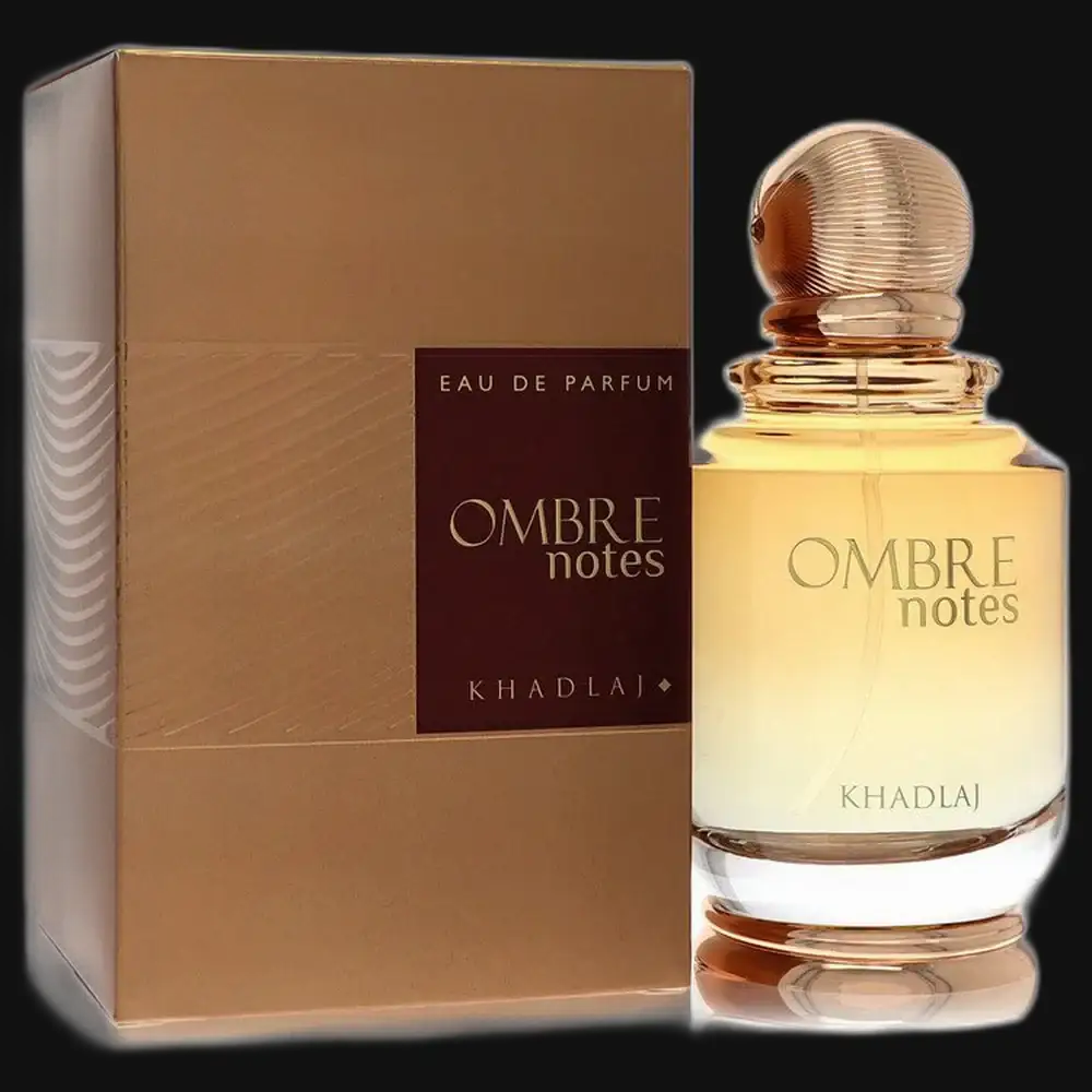 Khadlaj Ombre Notes eau de parfum bottle with gold cap and matching brown gift box