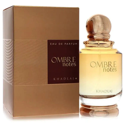 Khadlaj Ombre Notes eau de parfum glass bottle with rounded top, paired with brown box