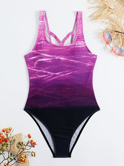Ombre Purple Color Criss Cross Lace Up Back High Cut Tummy Control One Piece Swimsuit, Women's Swimwear - Renee Lane Company