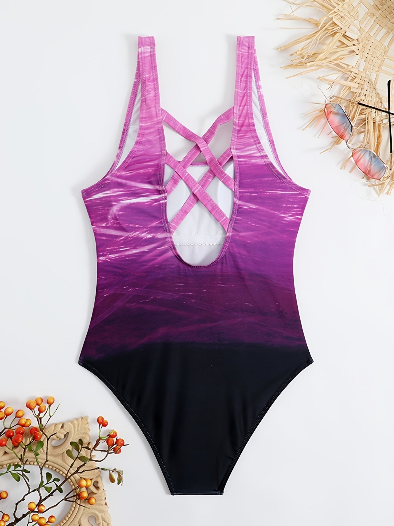 Ombre Purple Color Criss Cross Lace Up Back High Cut Tummy Control One Piece Swimsuit, Women's Swimwear - Renee Lane Company
