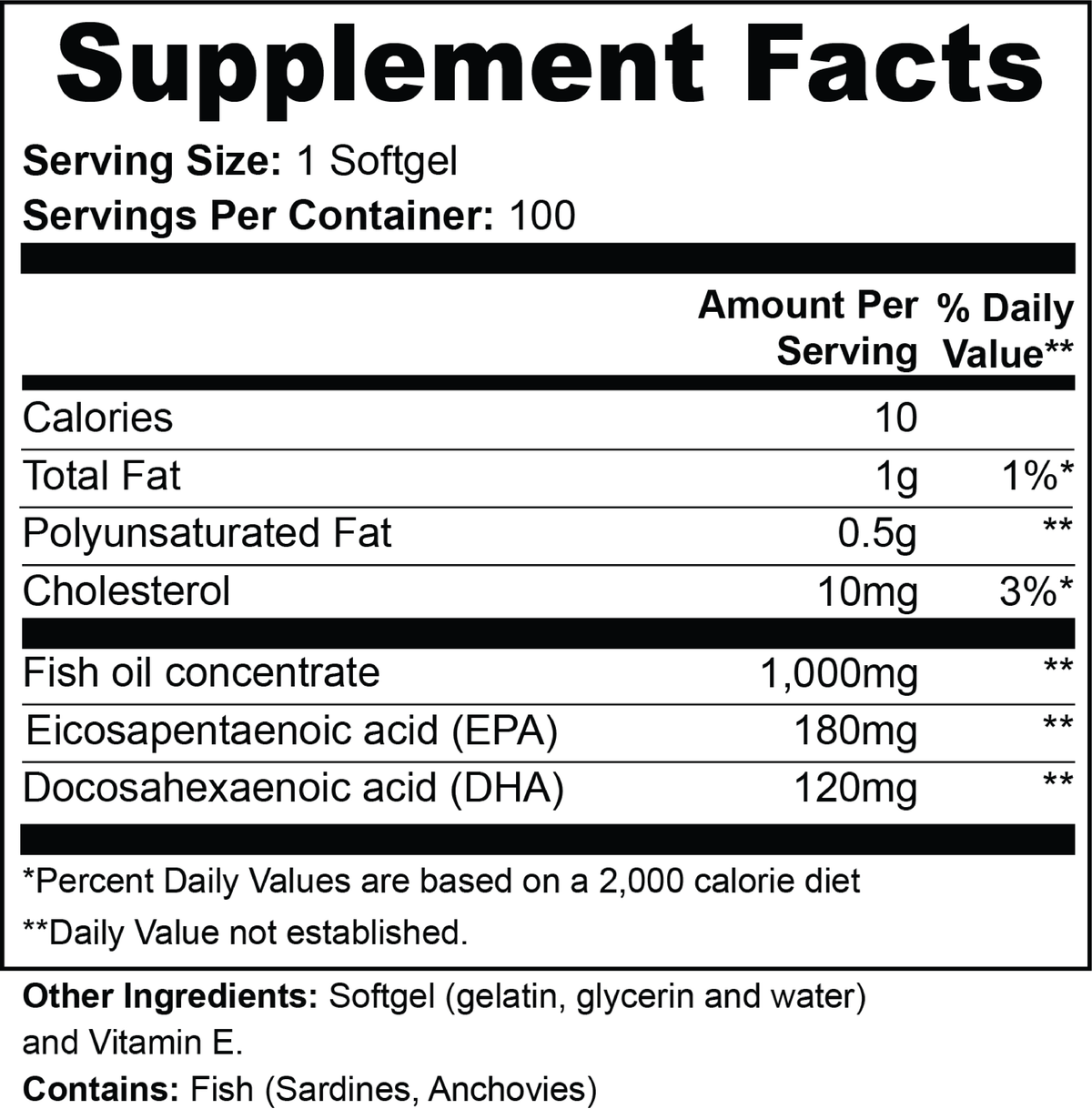 Supplement facts panel with serving size, EPA and DHA amounts