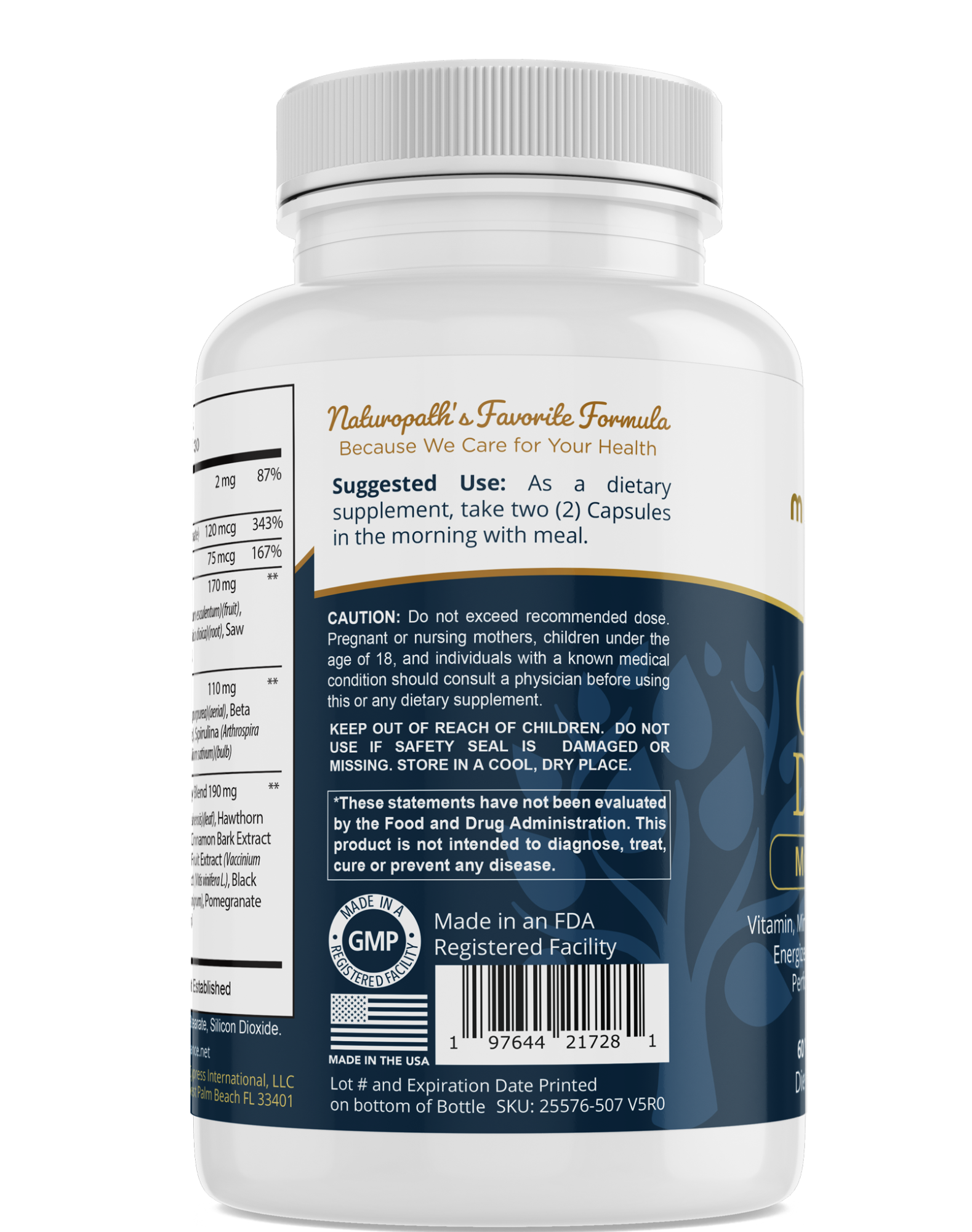 my balance Once Daily Multivitamin bottle back label with directions and GMP mark