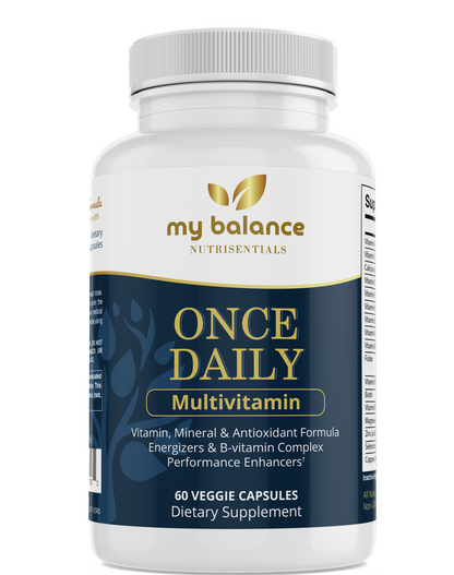 my balance Once Daily Multivitamin bottle with white cap and blue front label