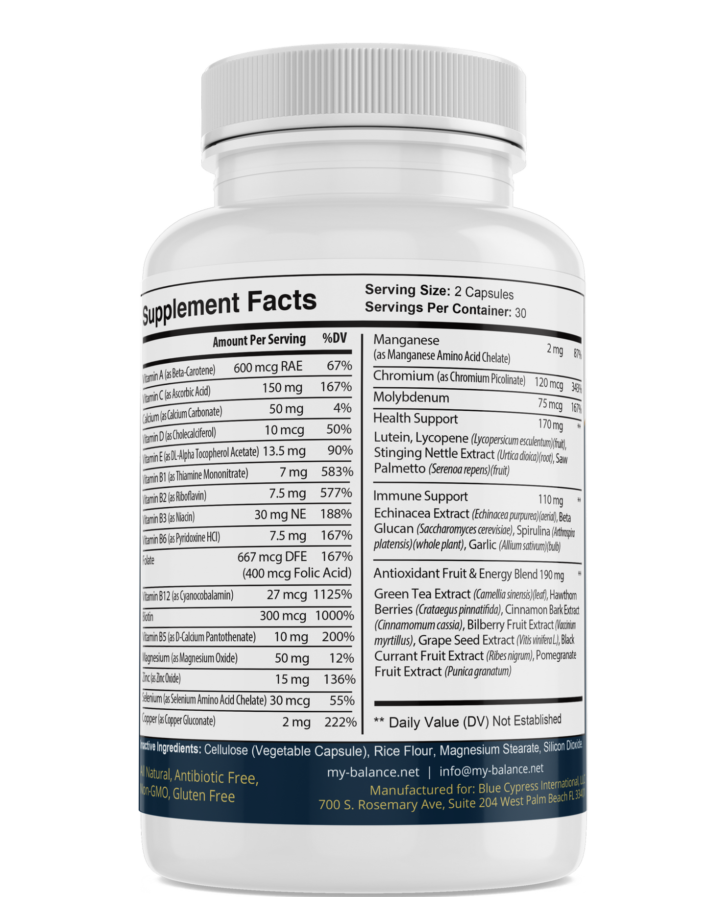 my balance Once Daily Multivitamin bottle back label with Supplement Facts table