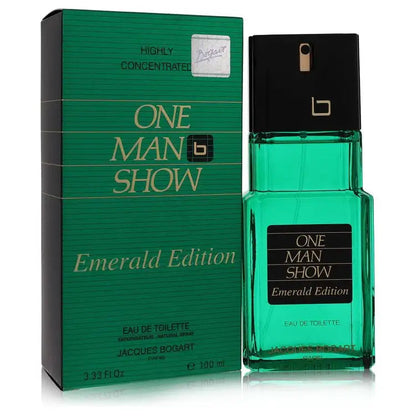 Men's eau de toilette cologne with labeled green bottle and Emerald Edition box, front view.
