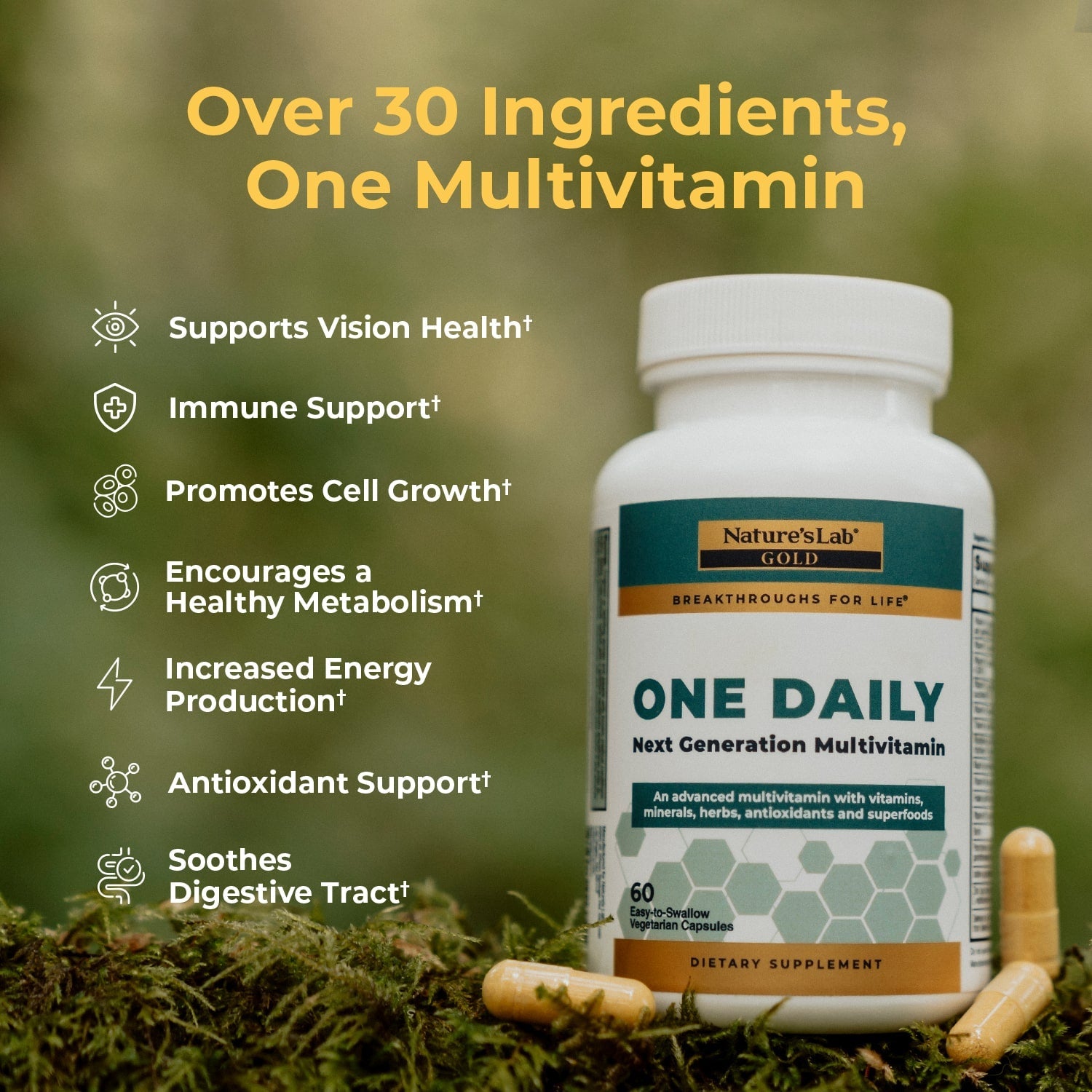 Gold One Daily multivitamin bottle with benefits graphic on front label