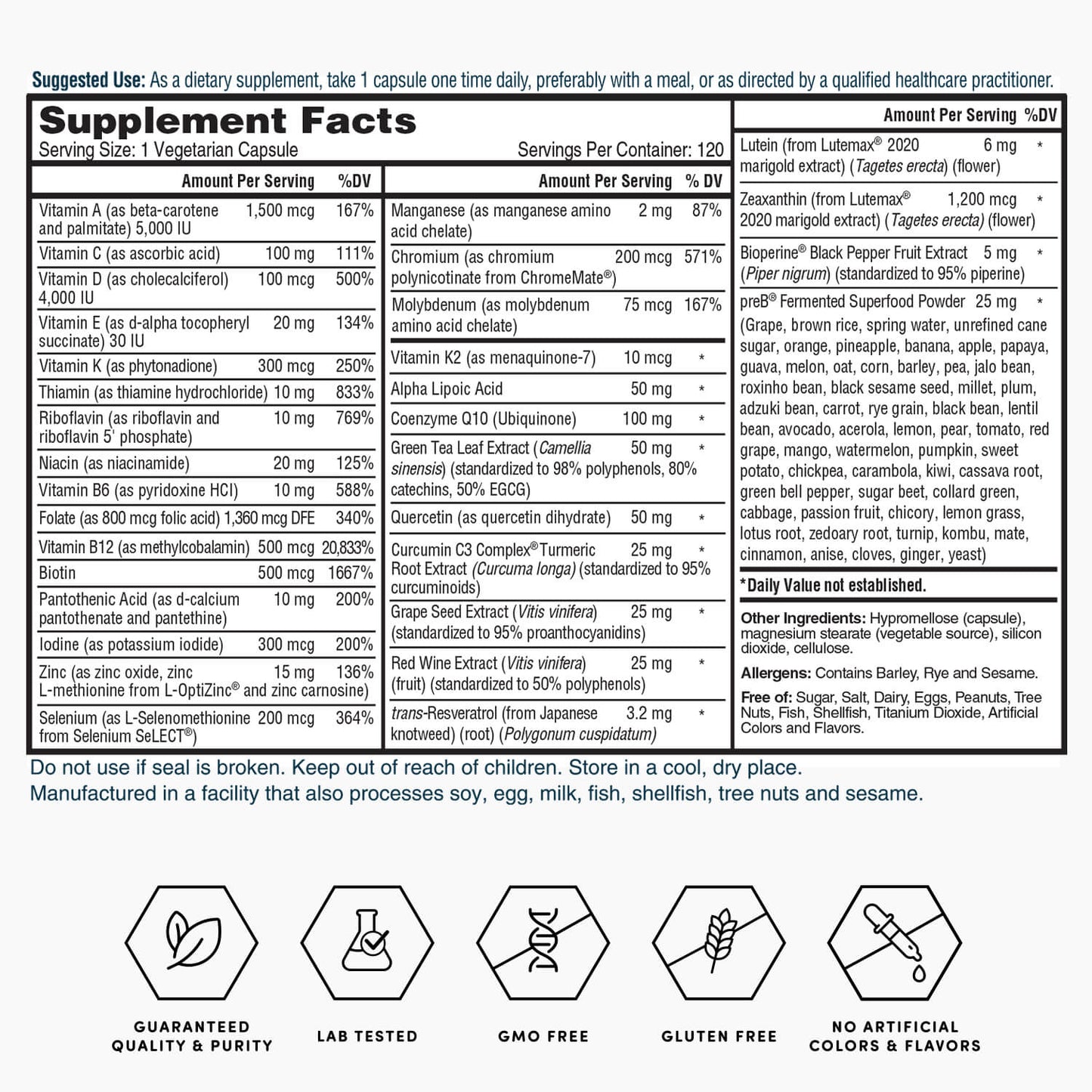 Supplement Facts panel with ingredient and serving information for capsules