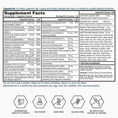 Supplement facts label panel with ingredients list and icons below
