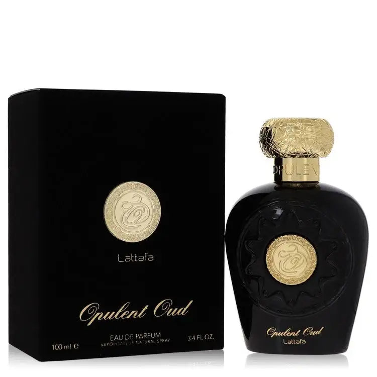 Opulent Oud Eau de Parfum bottle, gold cap, Lattafa black box.