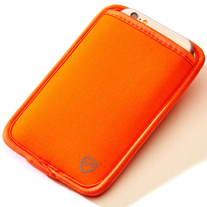 Orange phone pouch with front logo and phone peeking from the top opening.