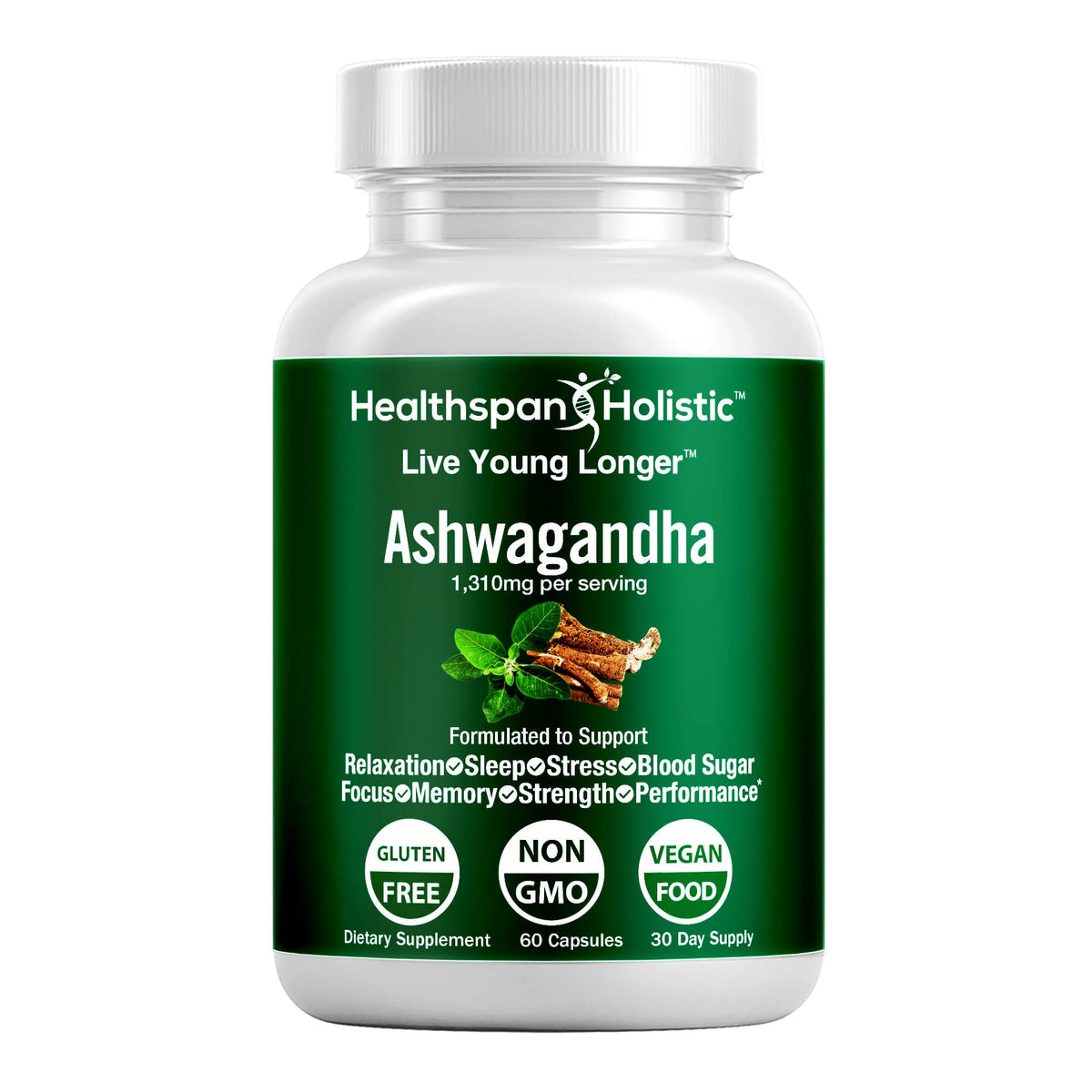 Organic ashwagandha supplement bottle, green label and white cap, 60 capsules.