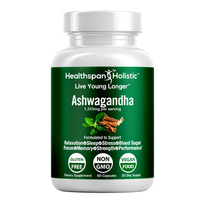 Organic ashwagandha supplement bottle, green label and white cap, 60 capsules.