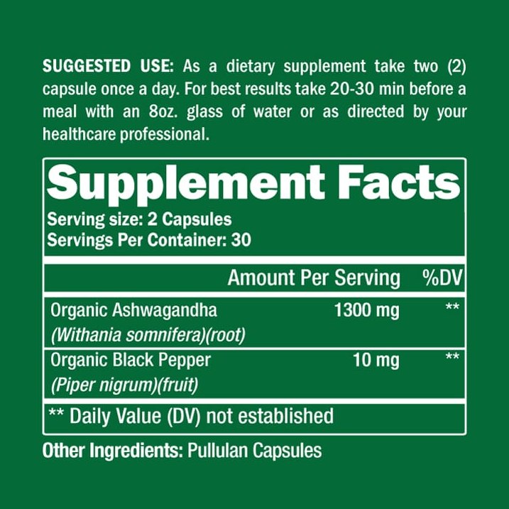 Supplement Facts label for organic ashwagandha, green panel with serving information.