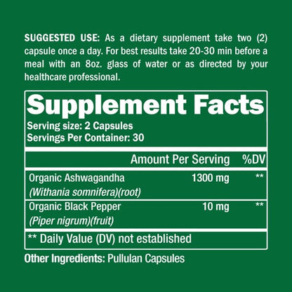 Supplement Facts label for organic ashwagandha, green panel with serving information.
