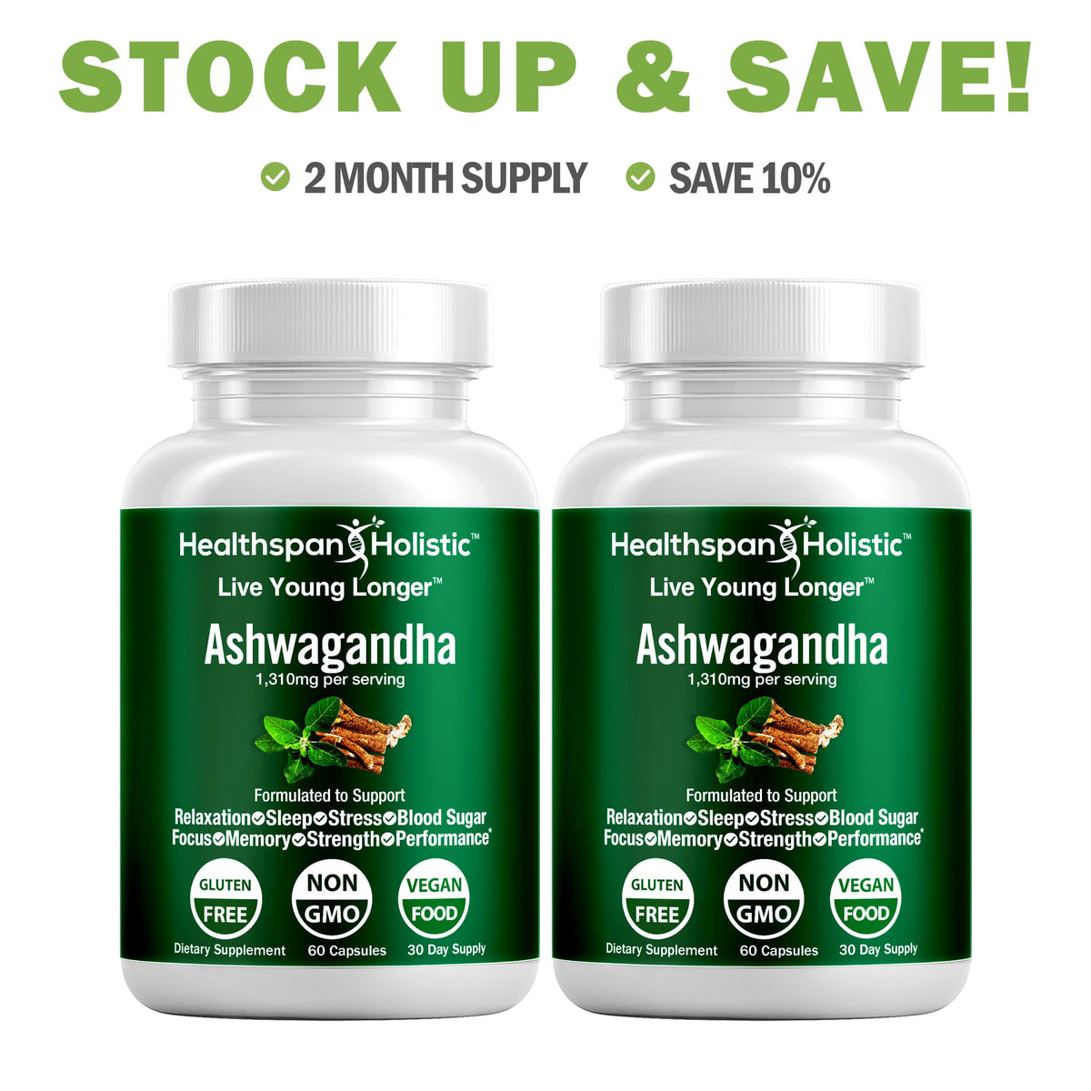 Two organic ashwagandha supplement bottles with green labels and white caps.