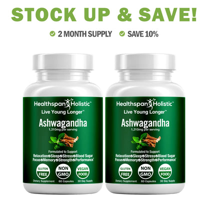 Two organic ashwagandha supplement bottles with green labels and white caps.