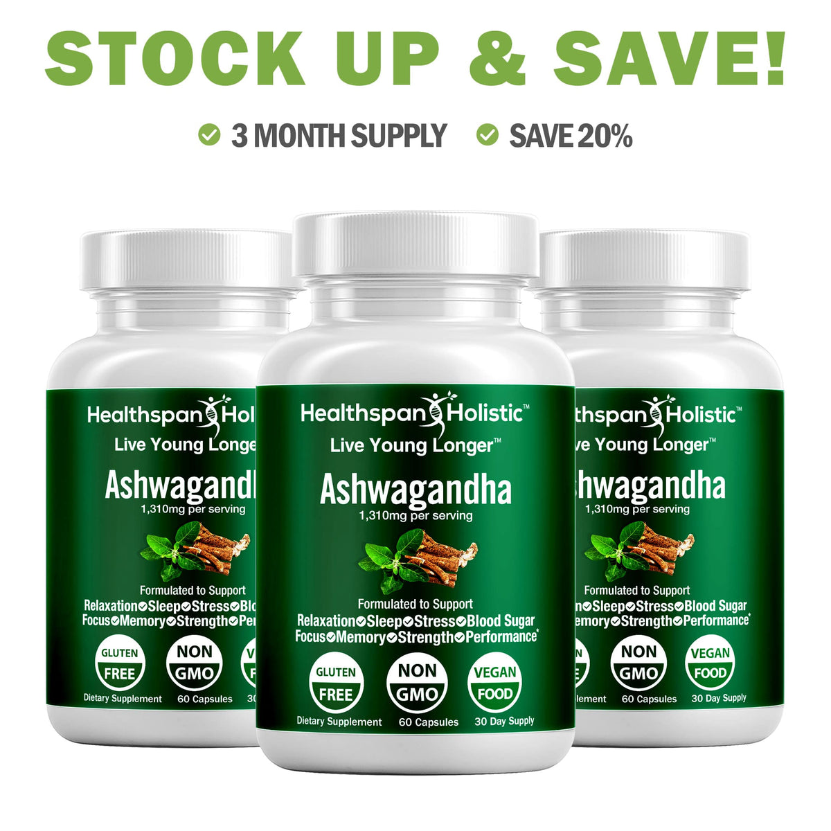 Three organic ashwagandha supplement bottles with green labels and white caps.