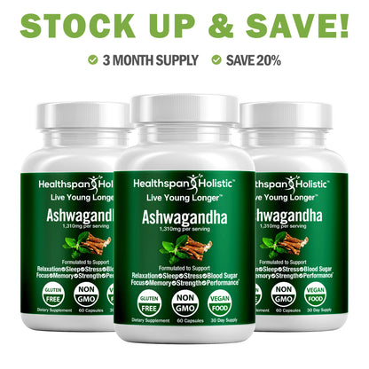 Three organic ashwagandha supplement bottles with green labels and white caps.