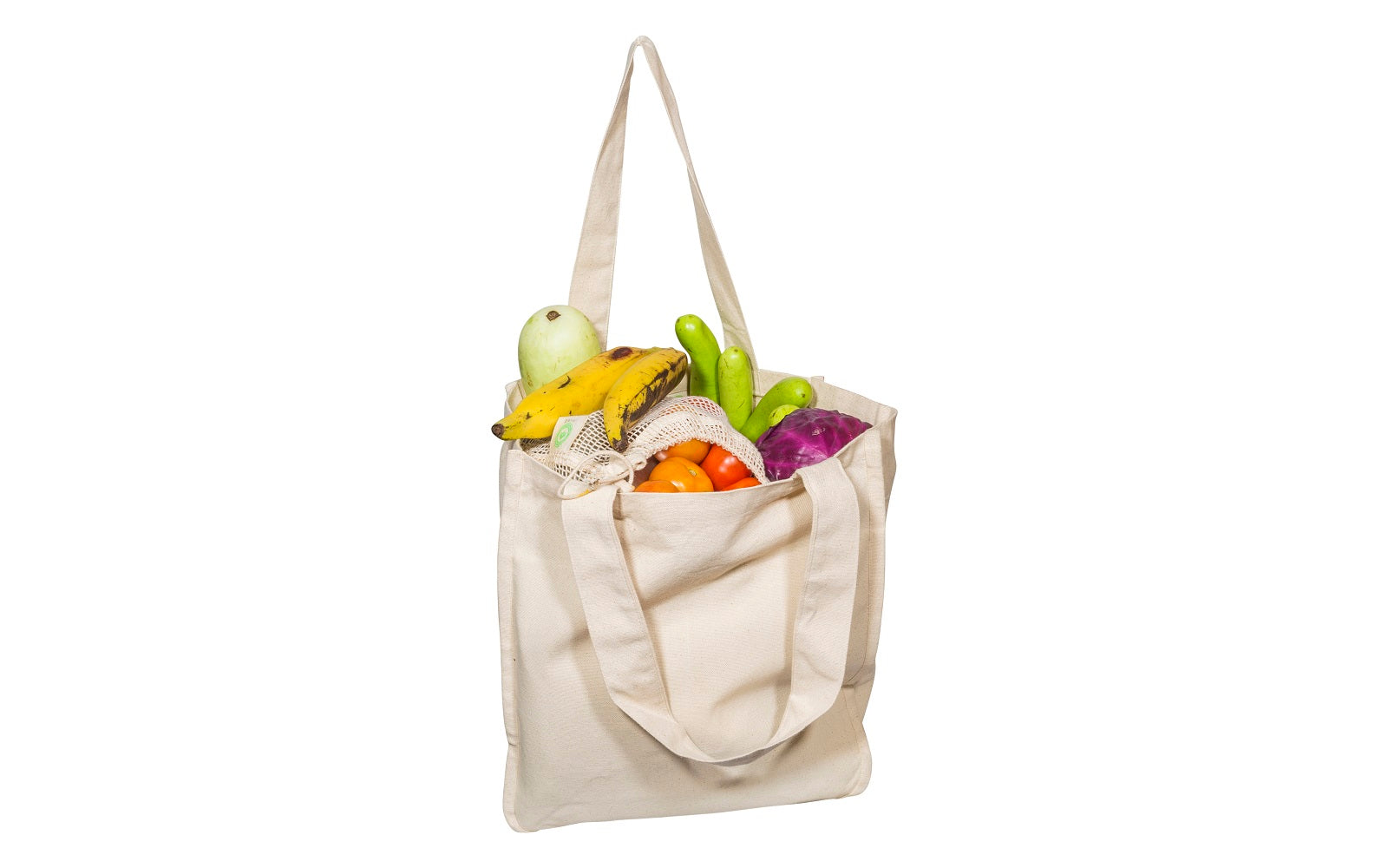 Canvas grocery tote bag, beige with fruit items inside and long rope handles