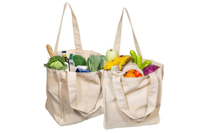 Canvas grocery tote bags, beige with split front pockets and rope handles