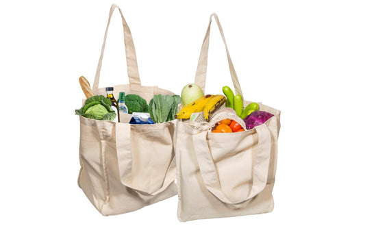 Canvas grocery tote bags, beige with split front pockets and rope handles